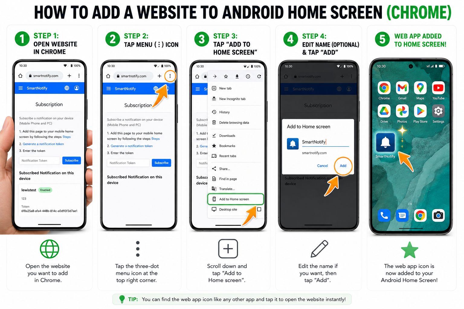 Android add to home screen instructions